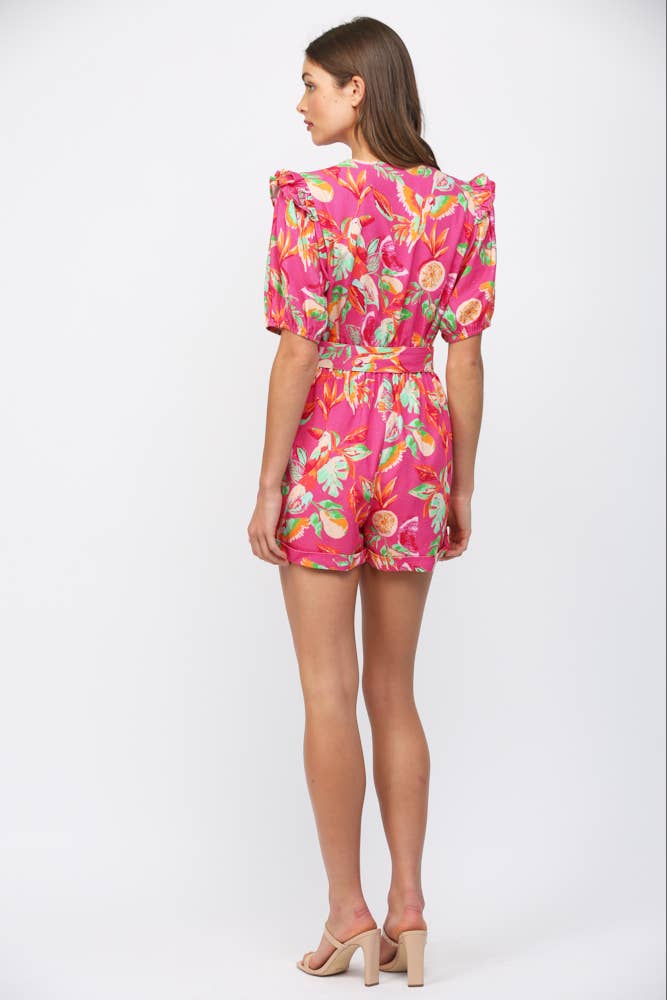 BOTANICAL PRINT LACE INSERT BELTED ROMPER FR42030