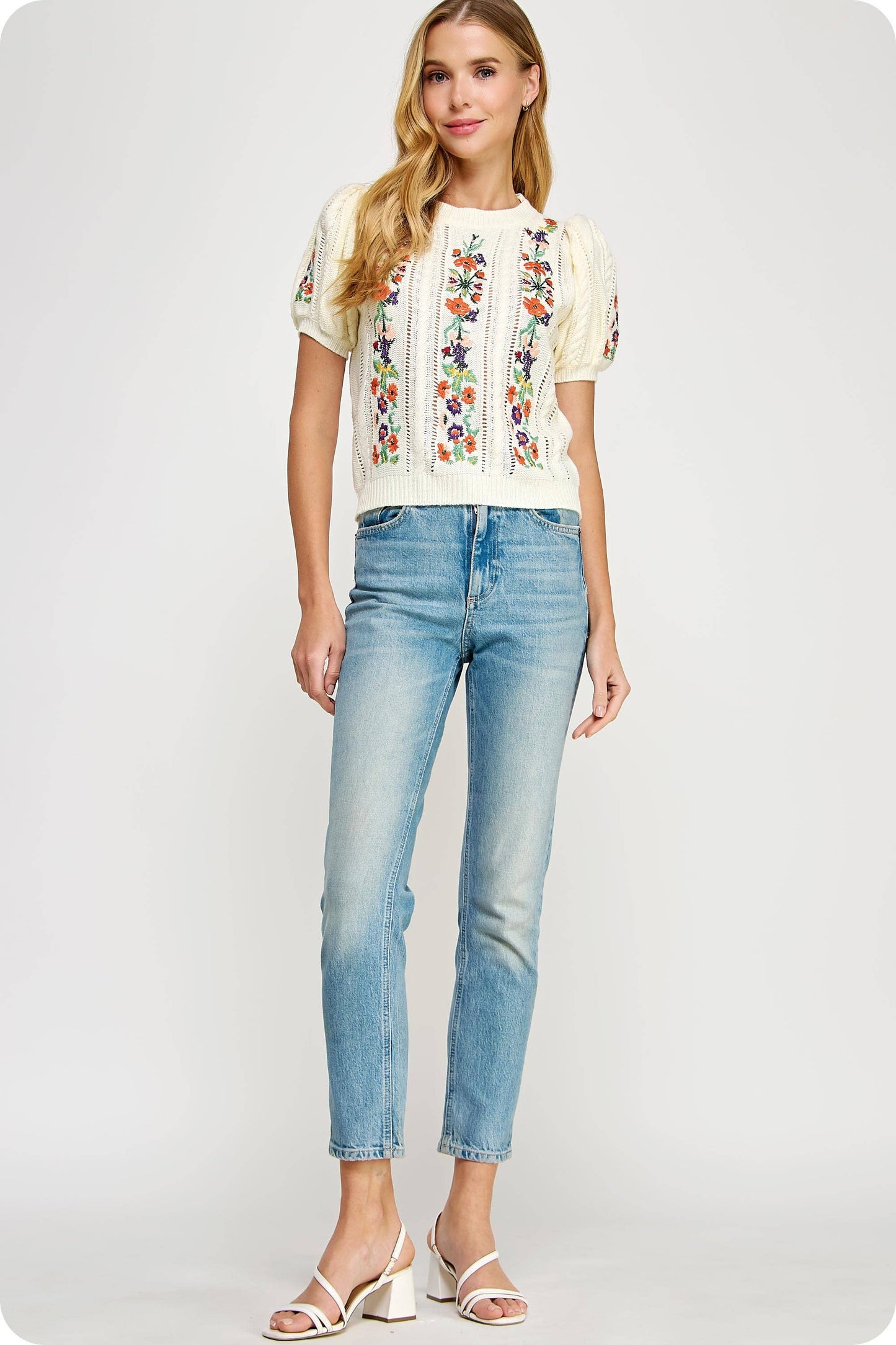 Floral Embroidered Pointelle Knitted Top