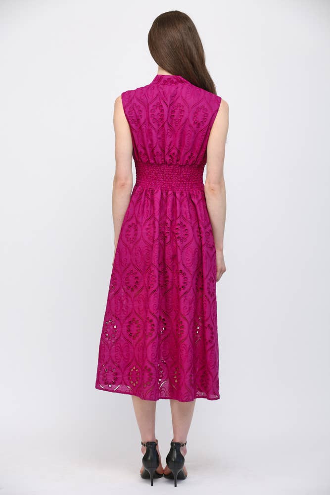 FRONT ZIP CLOSURE EMB EYELET LACE MIDI DRESS FD30661
