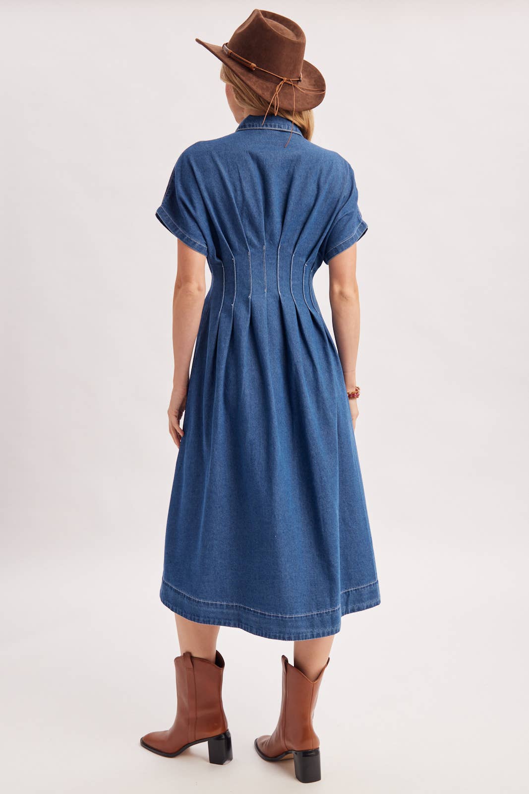 BUTTON DOWN PLEATED WAIST DENIM SHIRT DRESS
