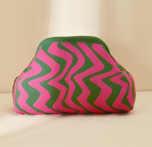 Stripe Knit Cosmetic Bag Wavy Pattern Storage Clutch