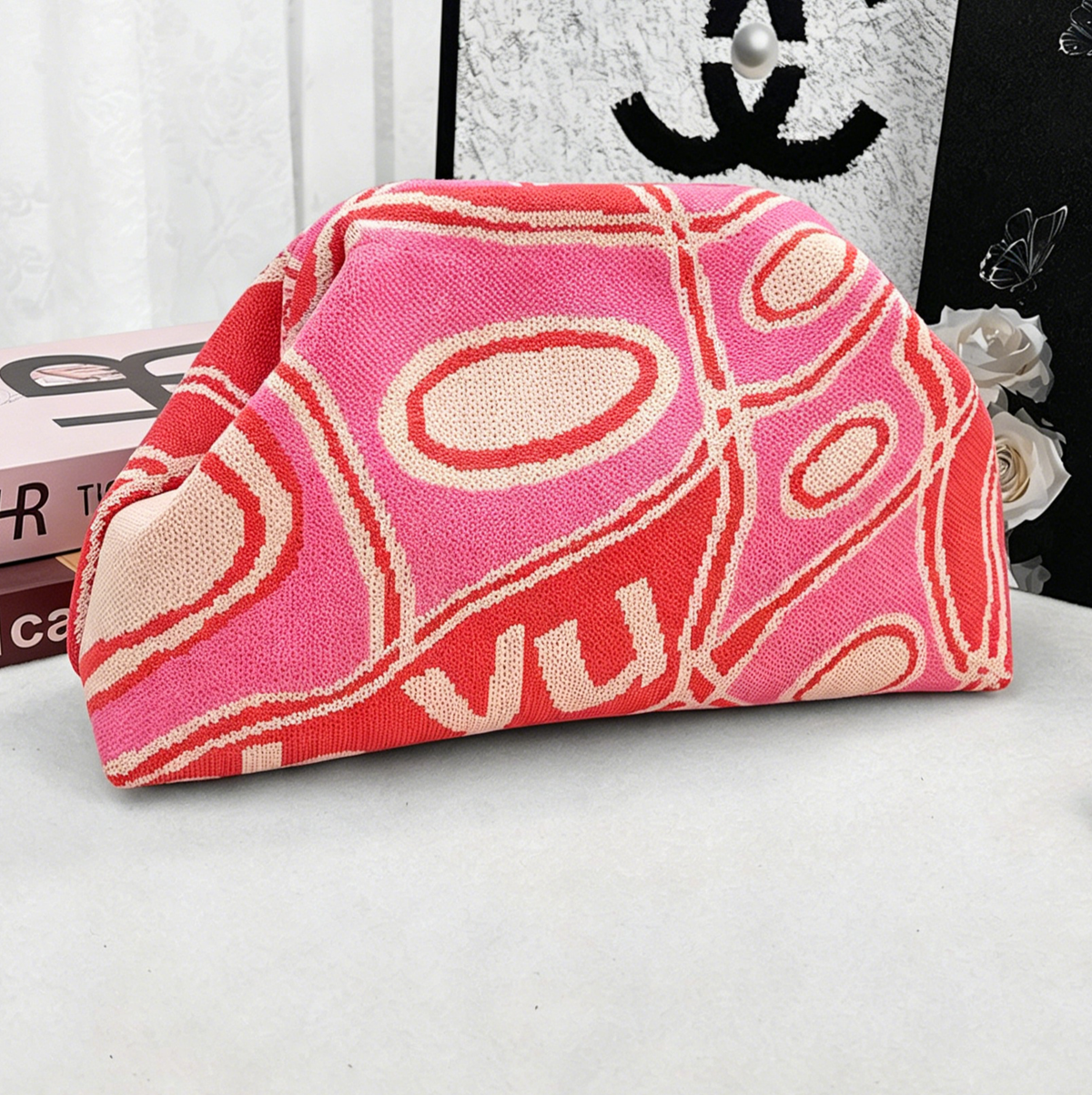 Stripe Knit Cosmetic Bag Geo Pattern Storage Clutch