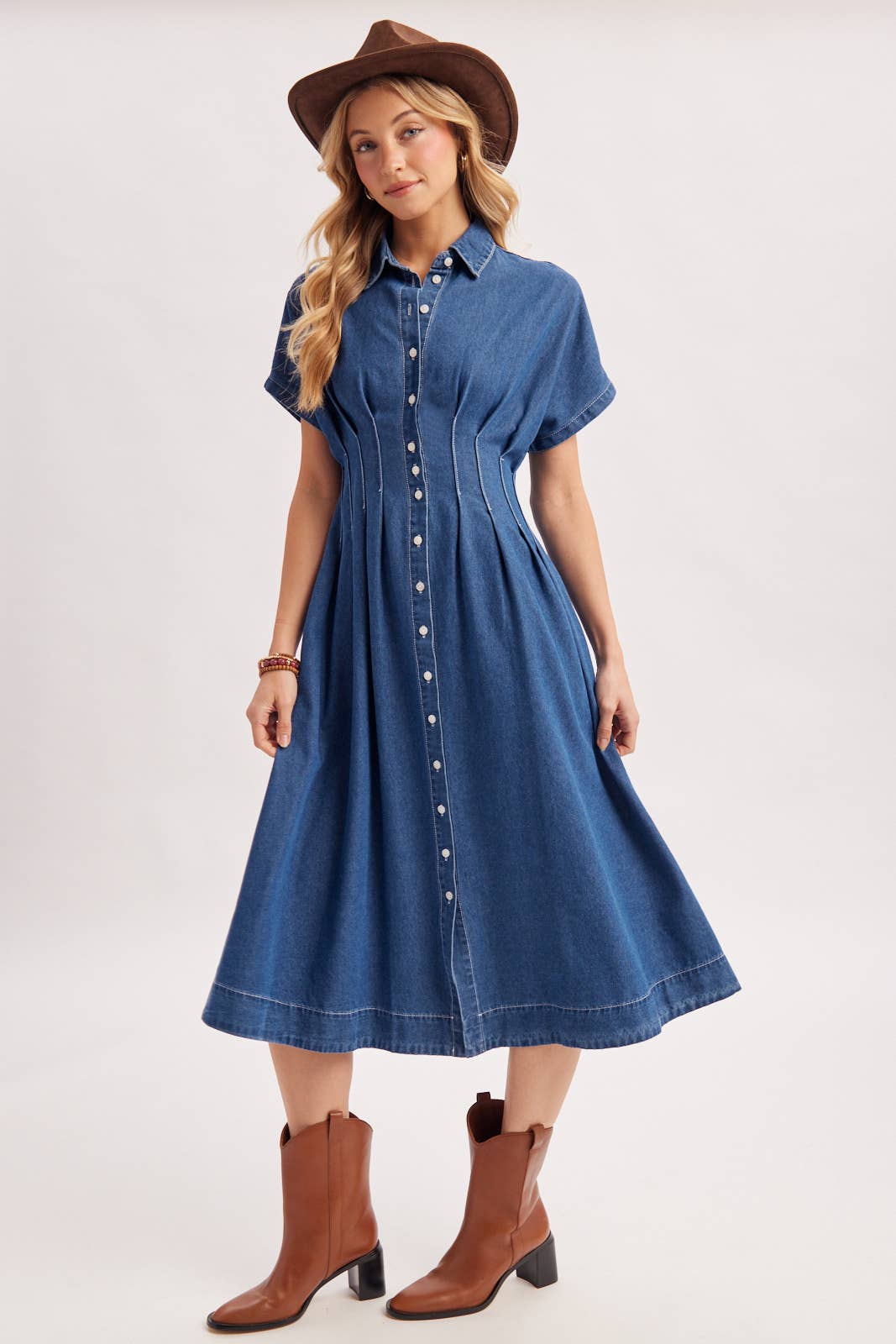 BUTTON DOWN PLEATED WAIST DENIM SHIRT DRESS