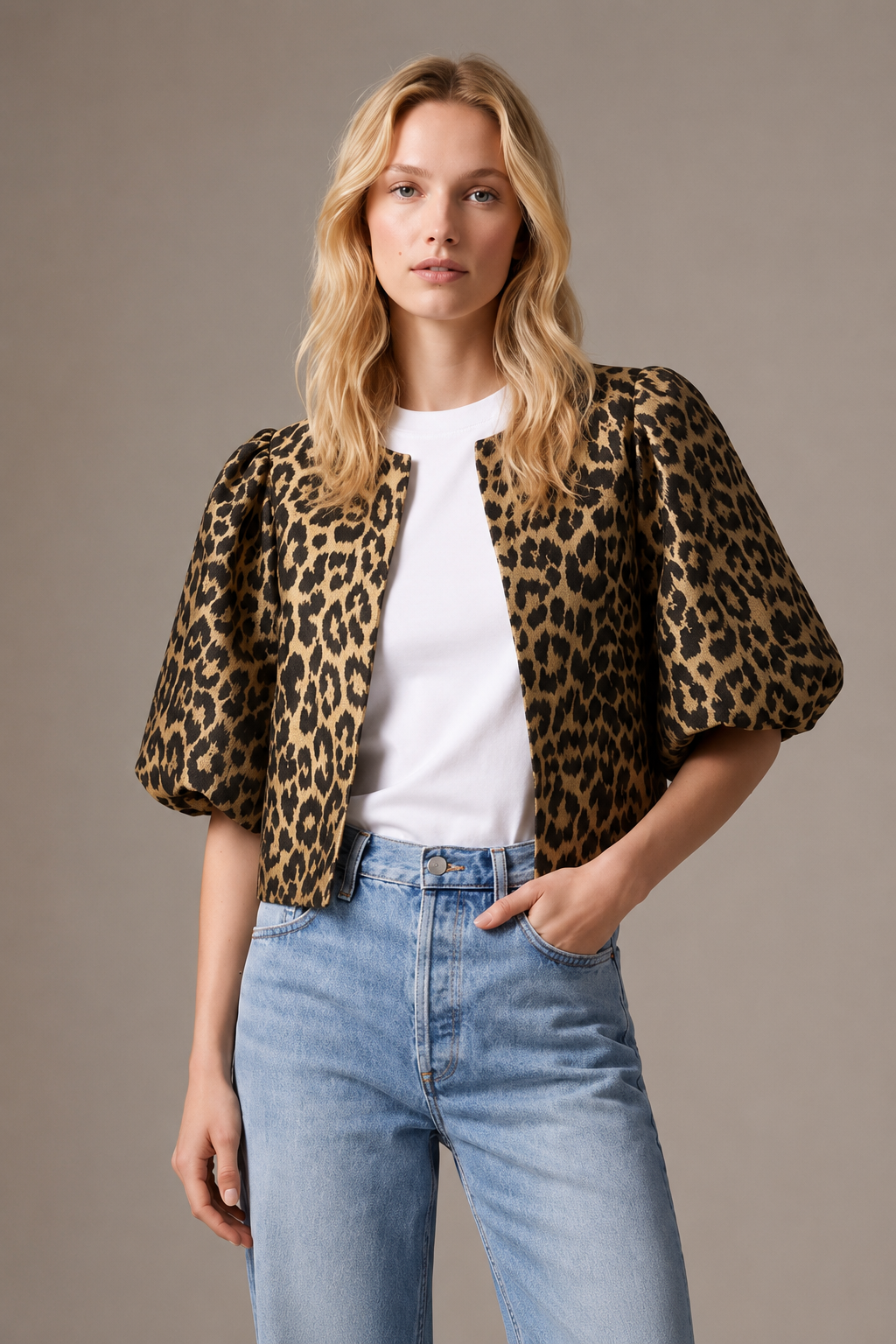 T4486 Leopard Balloon Sleeve Cropped Jacket