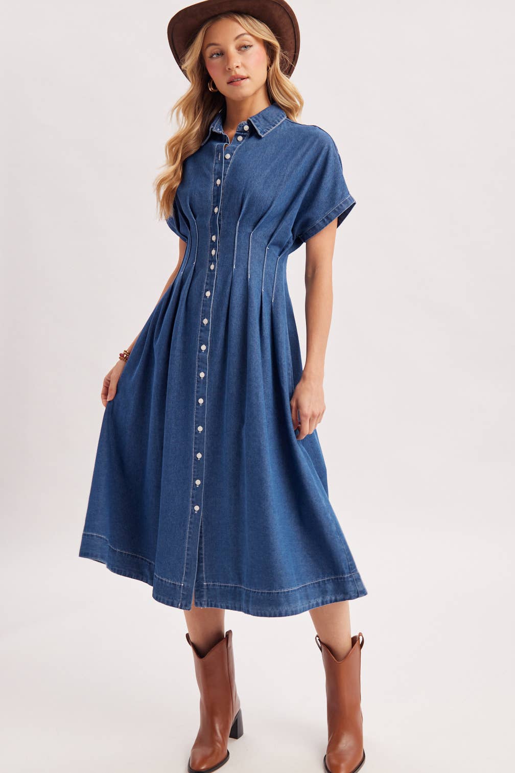 BUTTON DOWN PLEATED WAIST DENIM SHIRT DRESS
