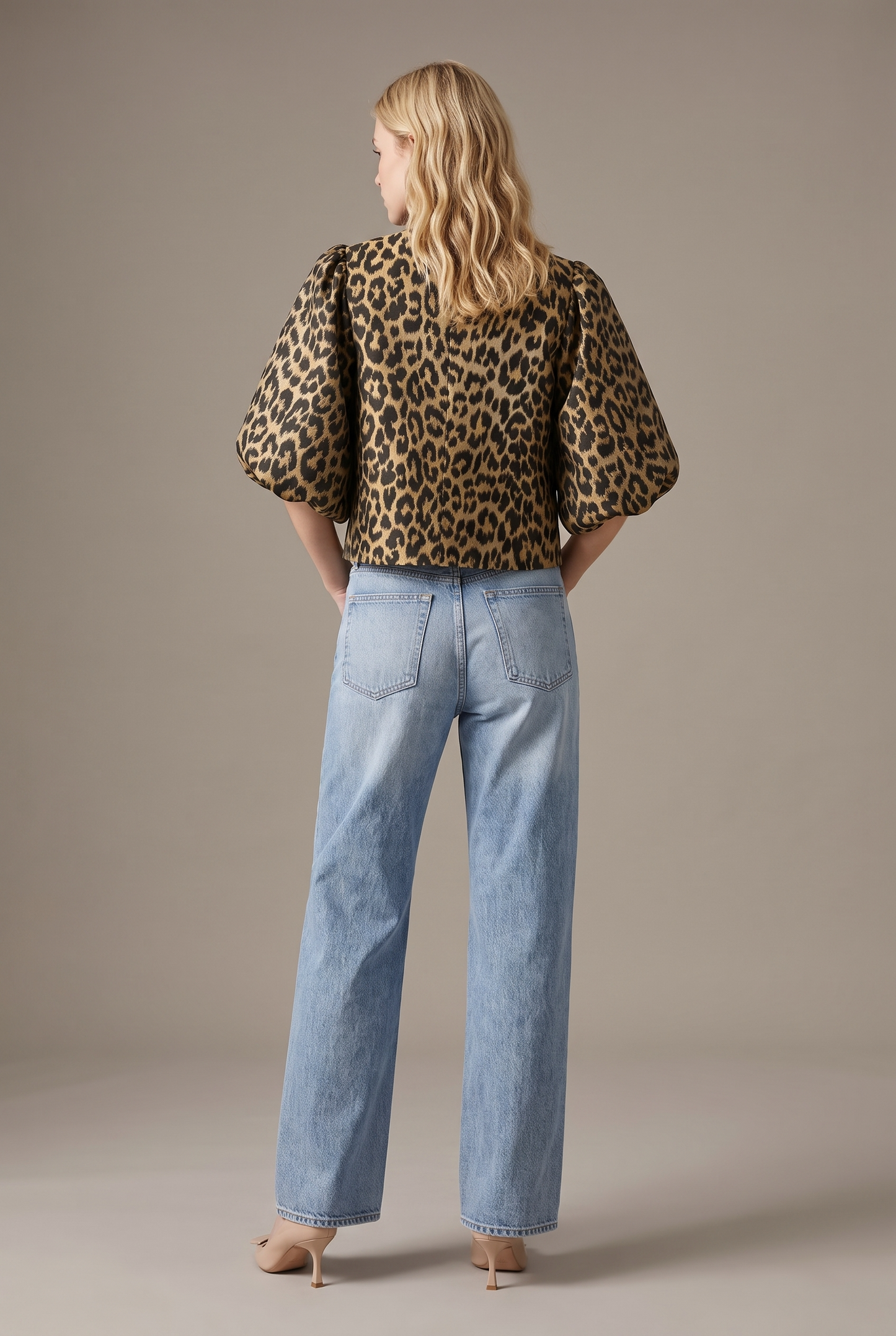 T4486 Leopard Balloon Sleeve Cropped Jacket