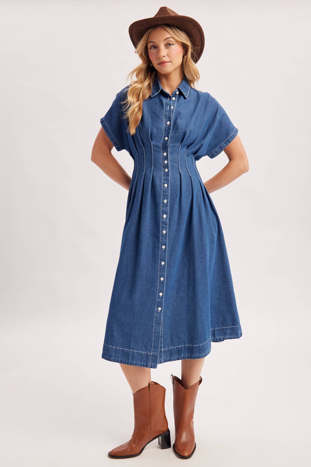 BUTTON DOWN PLEATED WAIST DENIM SHIRT DRESS