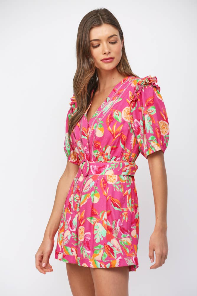 BOTANICAL PRINT LACE INSERT BELTED ROMPER FR42030