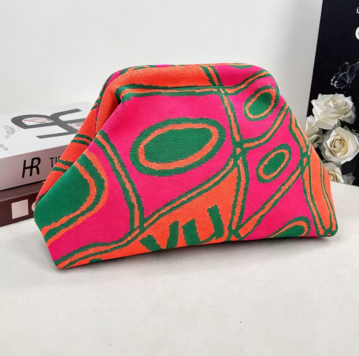 Stripe Knit Cosmetic Bag Geo Pattern Storage Clutch