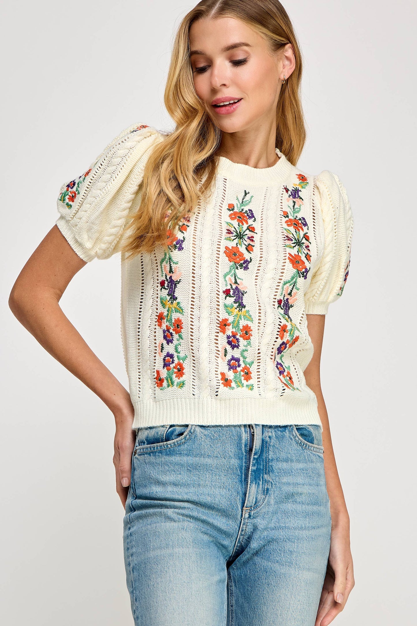 Floral Embroidered Pointelle Knitted Top