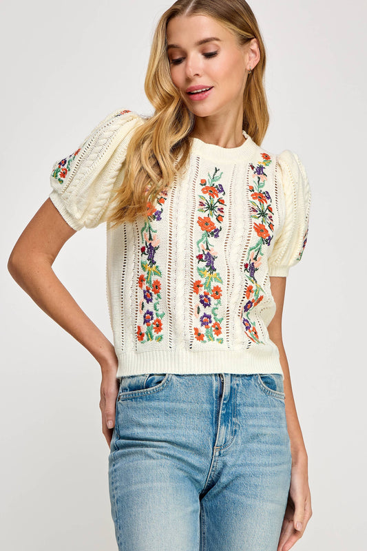 Floral Embroidered Pointelle Knitted Top
