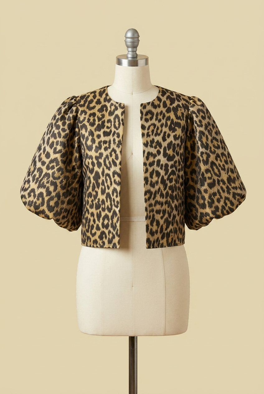 T4486 Leopard Balloon Sleeve Cropped Jacket