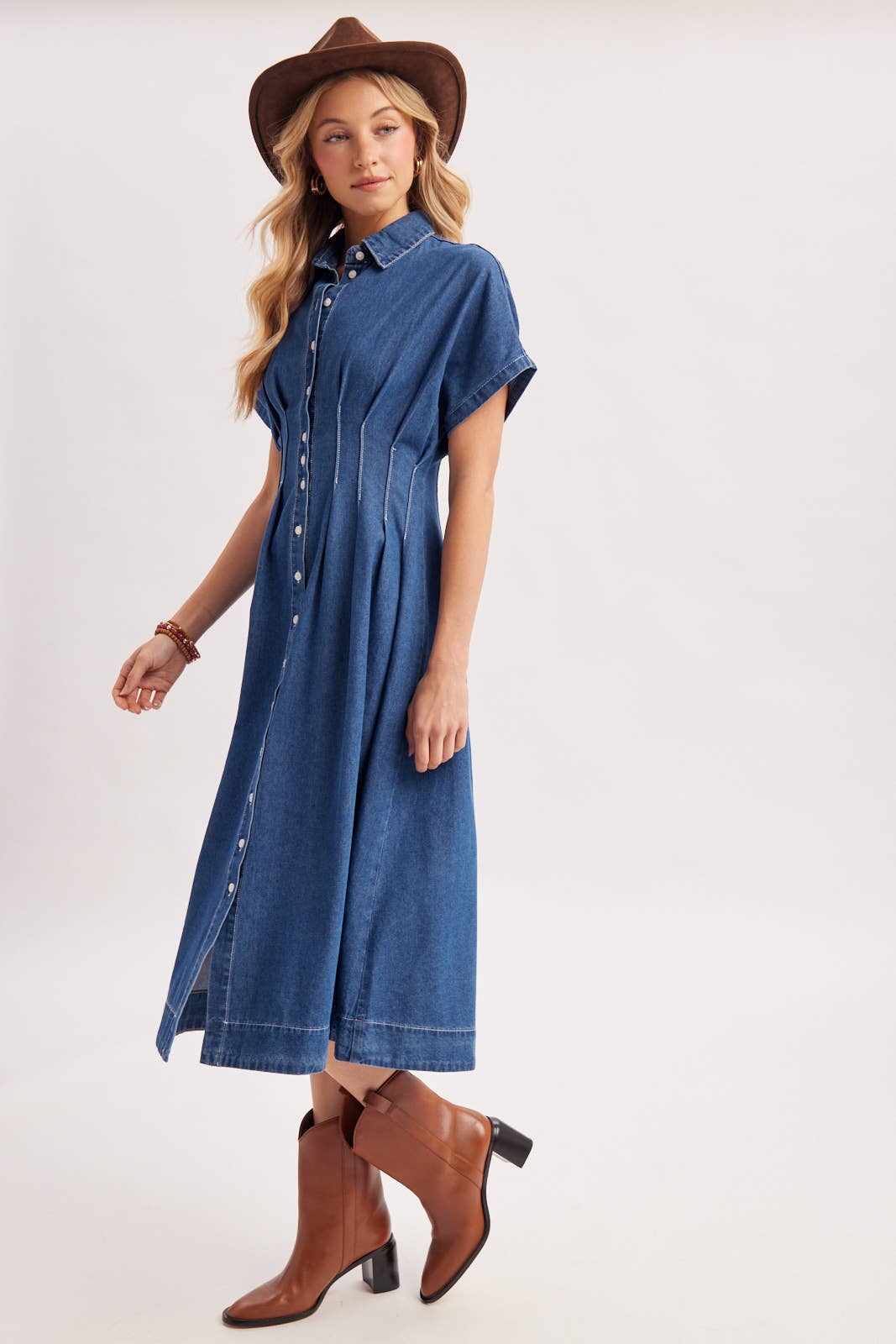 BUTTON DOWN PLEATED WAIST DENIM SHIRT DRESS