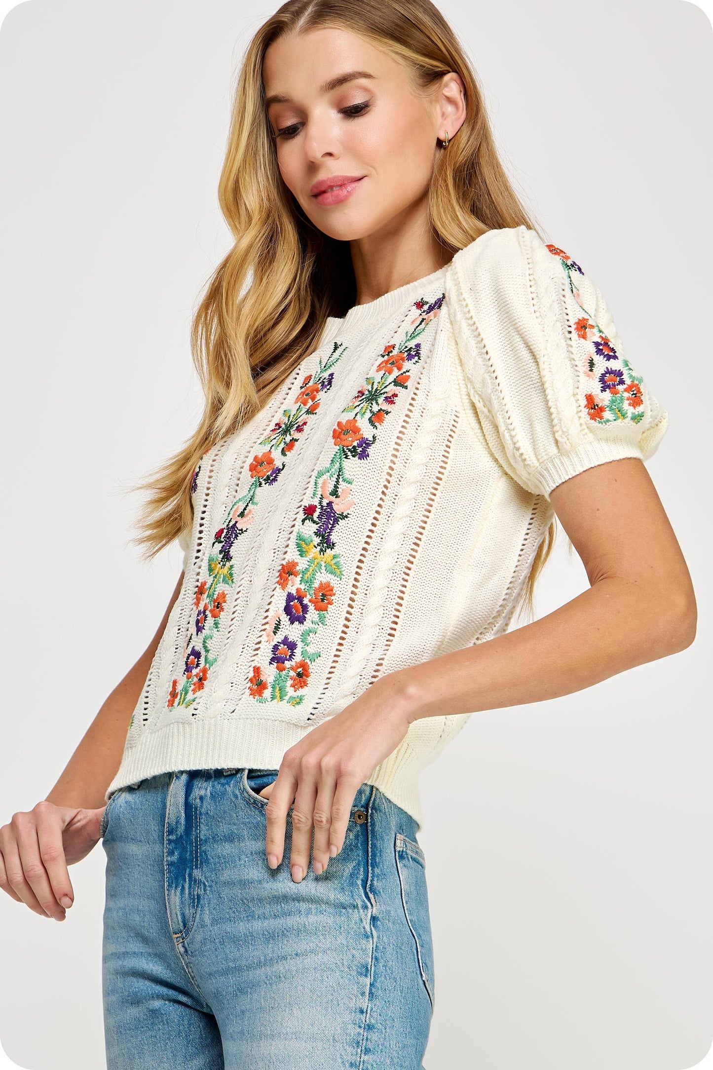 Floral Embroidered Pointelle Knitted Top