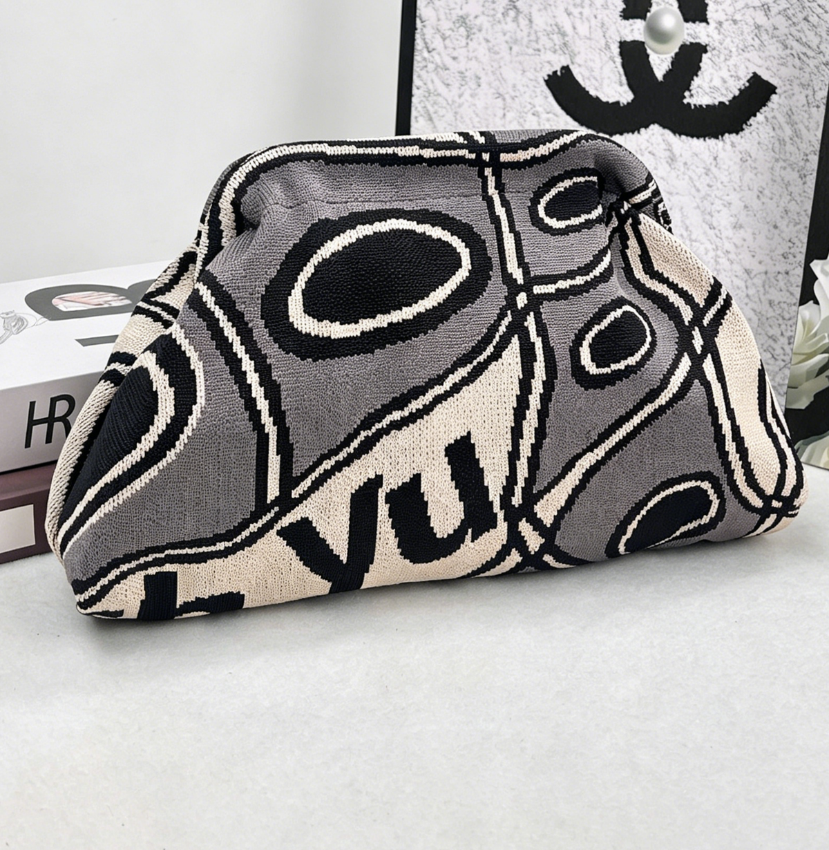 Stripe Knit Cosmetic Bag Geo Pattern Storage Clutch