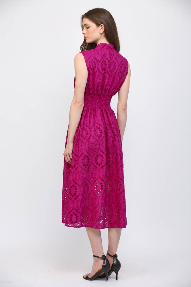 FRONT ZIP CLOSURE EMB EYELET LACE MIDI DRESS FD30661