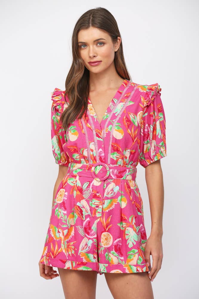 BOTANICAL PRINT LACE INSERT BELTED ROMPER FR42030