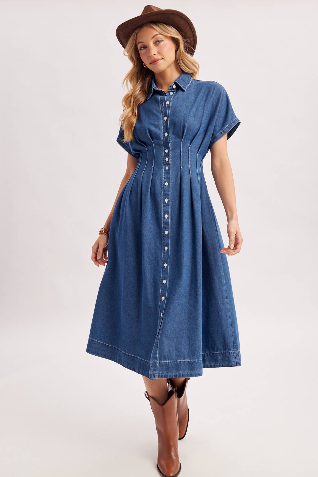 BUTTON DOWN PLEATED WAIST DENIM SHIRT DRESS