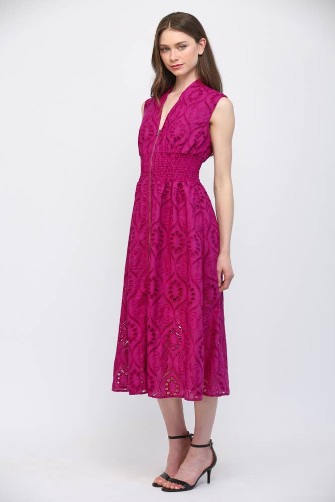 FRONT ZIP CLOSURE EMB EYELET LACE MIDI DRESS FD30661