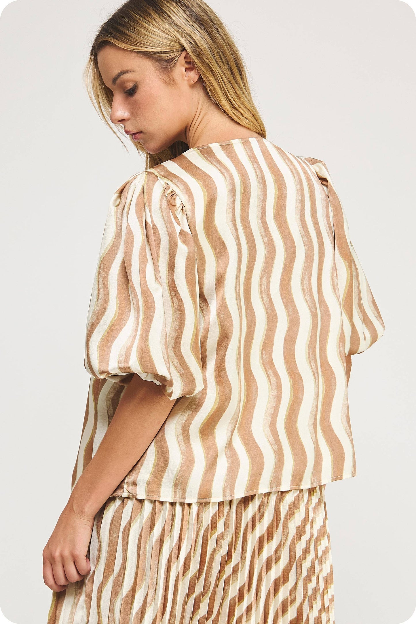 Wavy Striped Satin Puff Sleeve Top