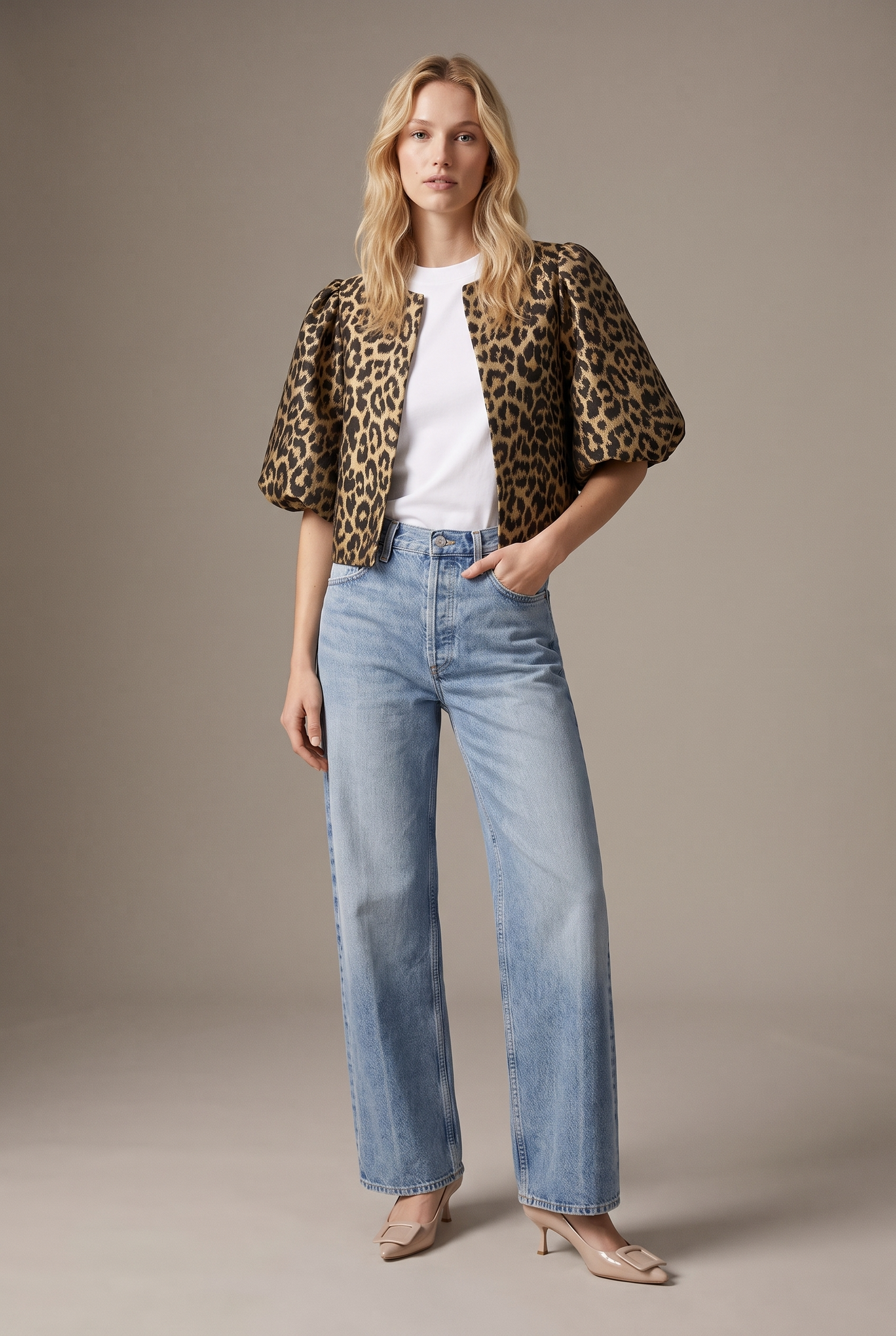 T4486 Leopard Balloon Sleeve Cropped Jacket