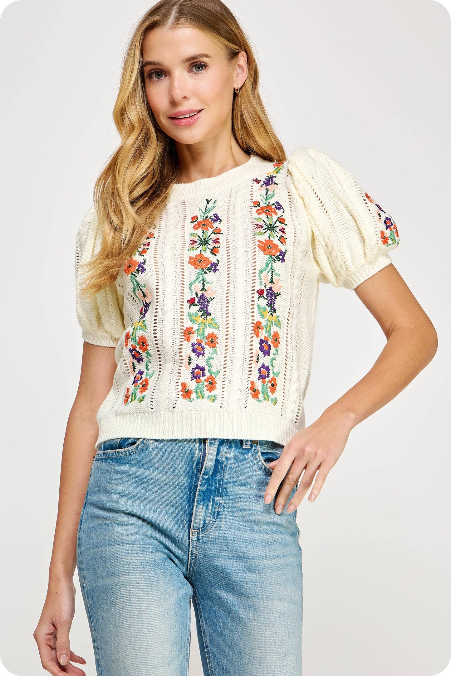 Floral Embroidered Pointelle Knitted Top