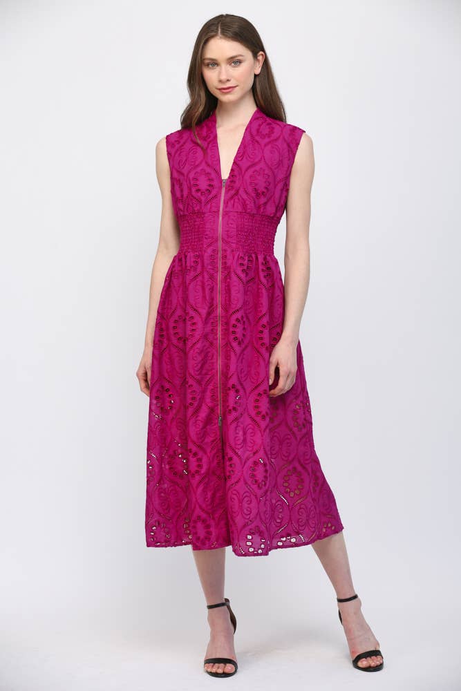 FRONT ZIP CLOSURE EMB EYELET LACE MIDI DRESS FD30661