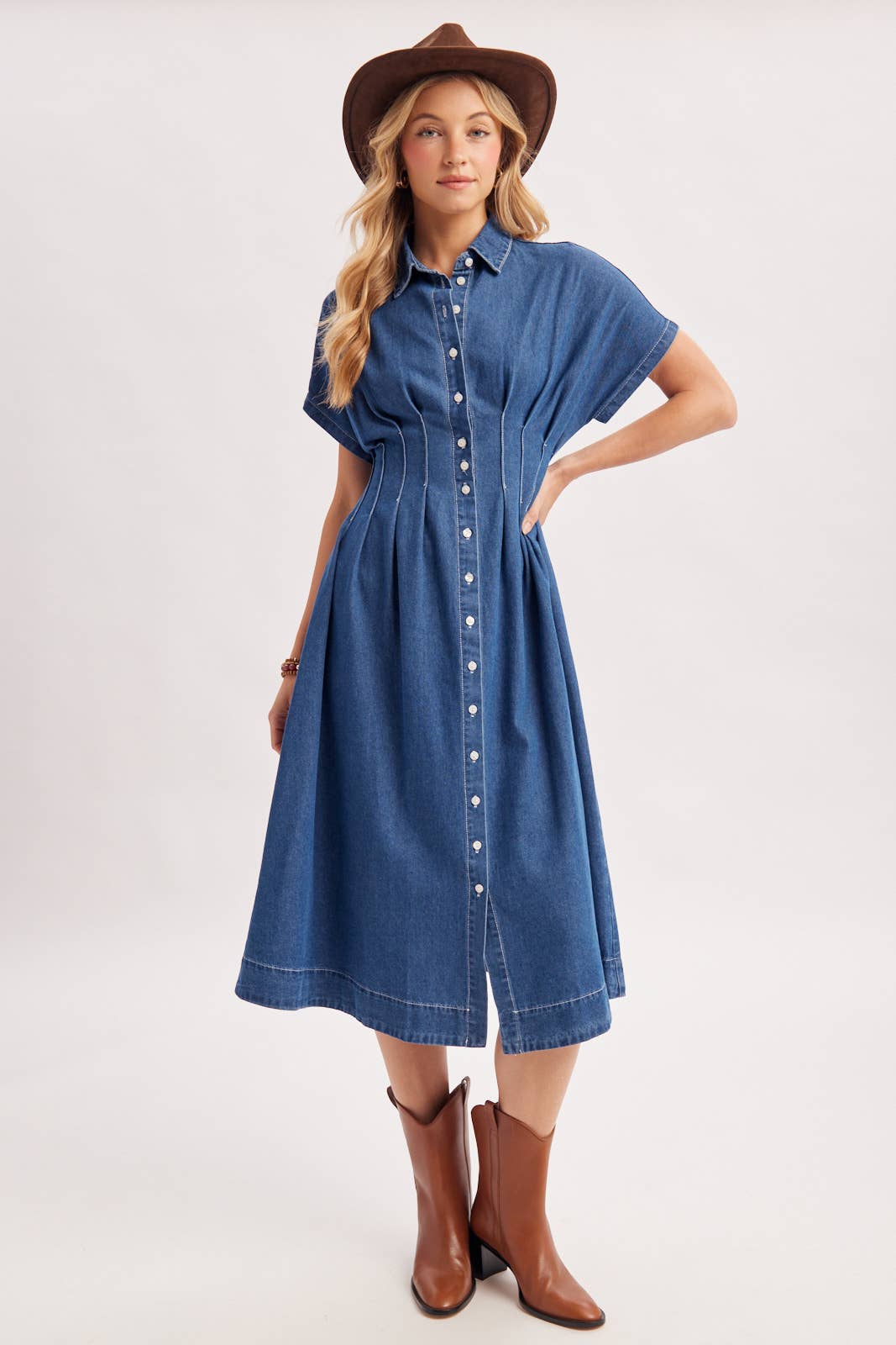 BUTTON DOWN PLEATED WAIST DENIM SHIRT DRESS
