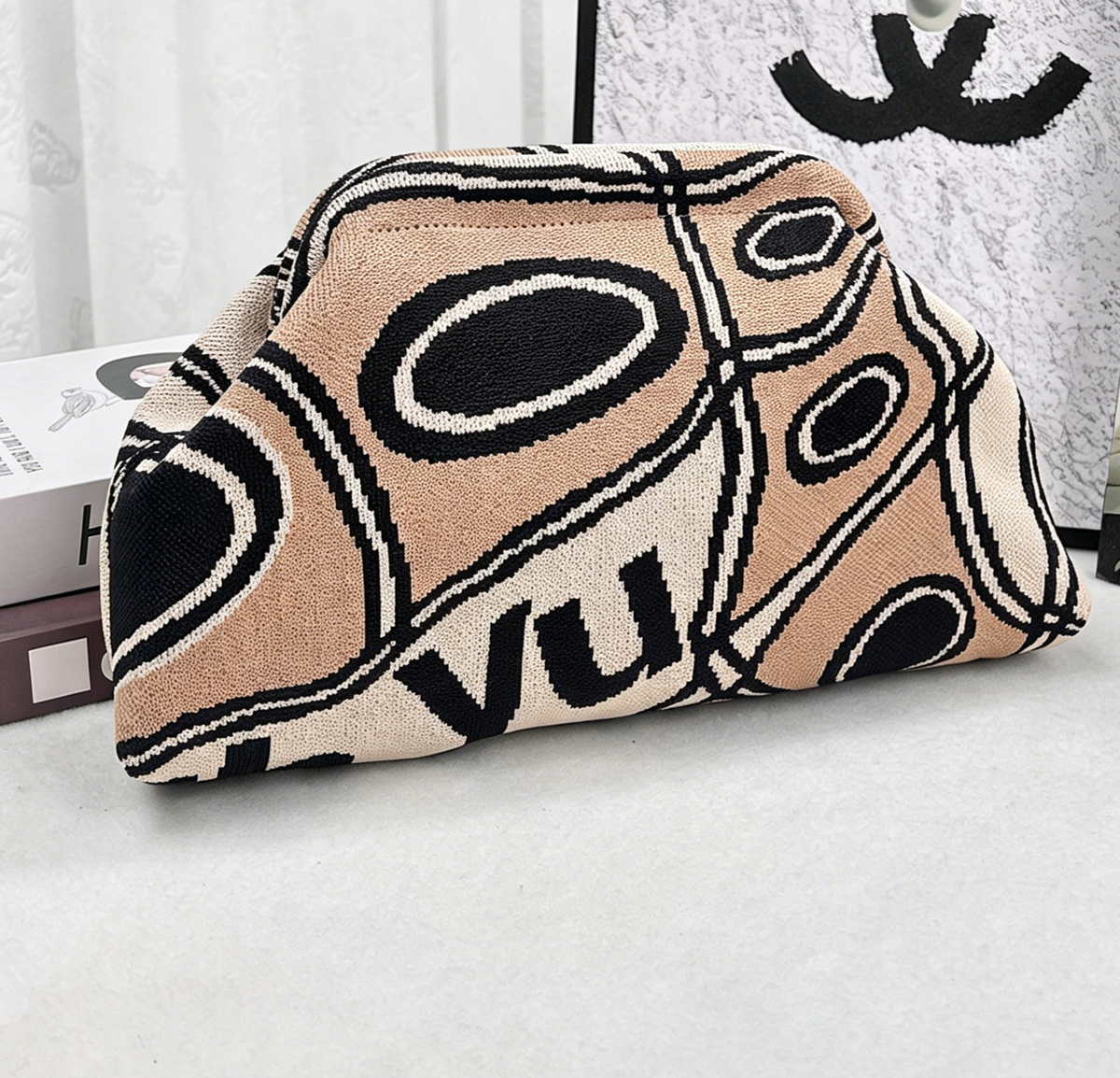 Stripe Knit Cosmetic Bag Geo Pattern Storage Clutch