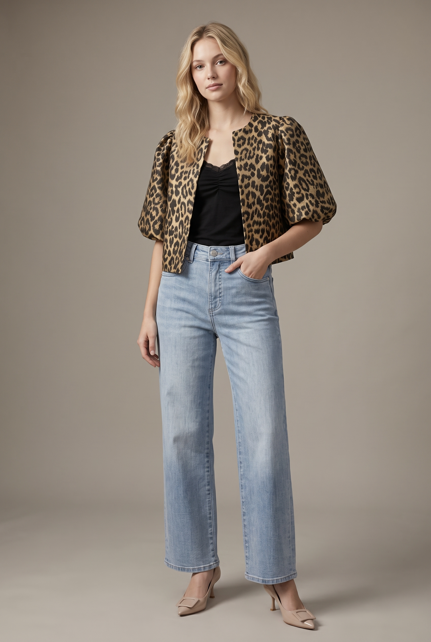 T4486 Leopard Balloon Sleeve Cropped Jacket