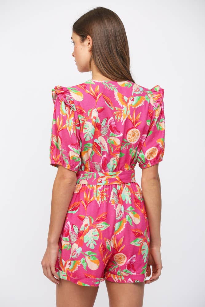 BOTANICAL PRINT LACE INSERT BELTED ROMPER FR42030