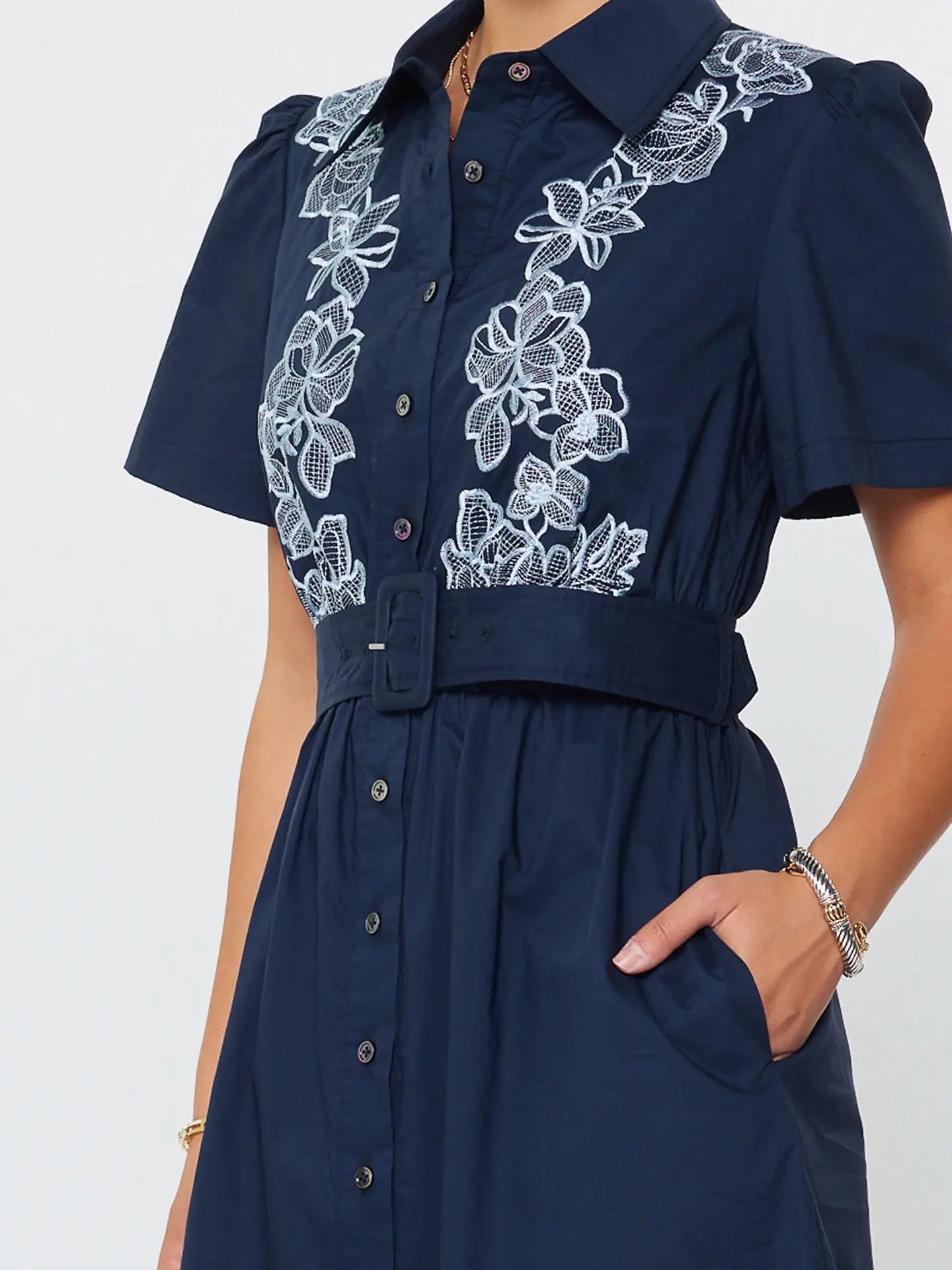 Embroidered Button Down Midi Dress