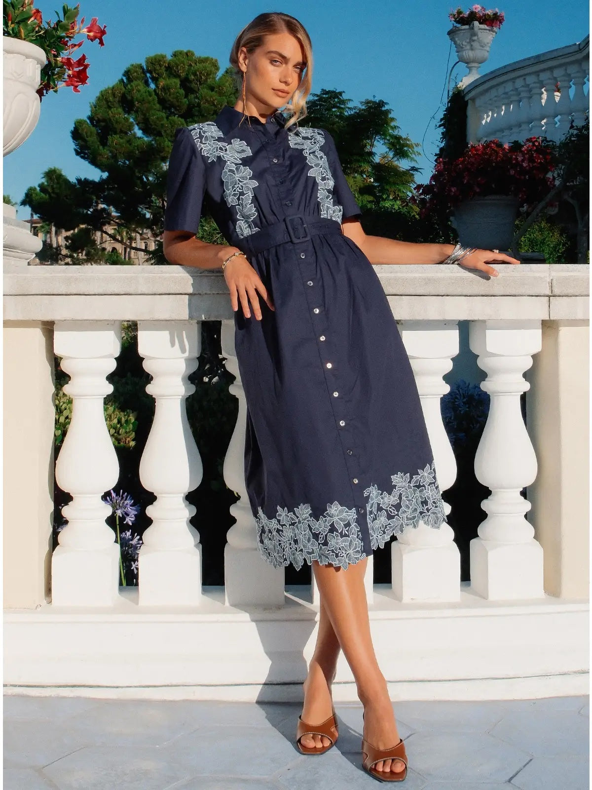 Embroidered Button Down Midi Dress