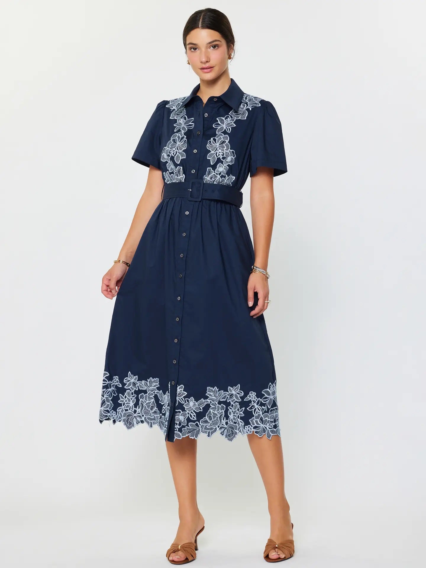 Embroidered Button Down Midi Dress