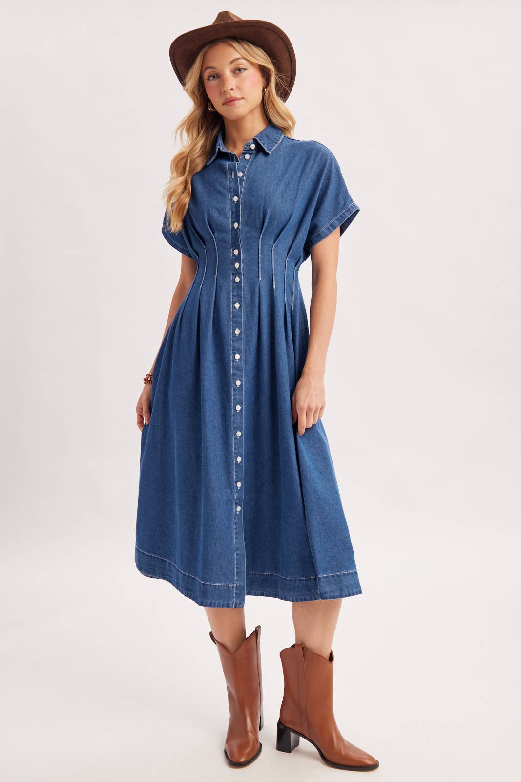 BUTTON DOWN PLEATED WAIST DENIM SHIRT DRESS