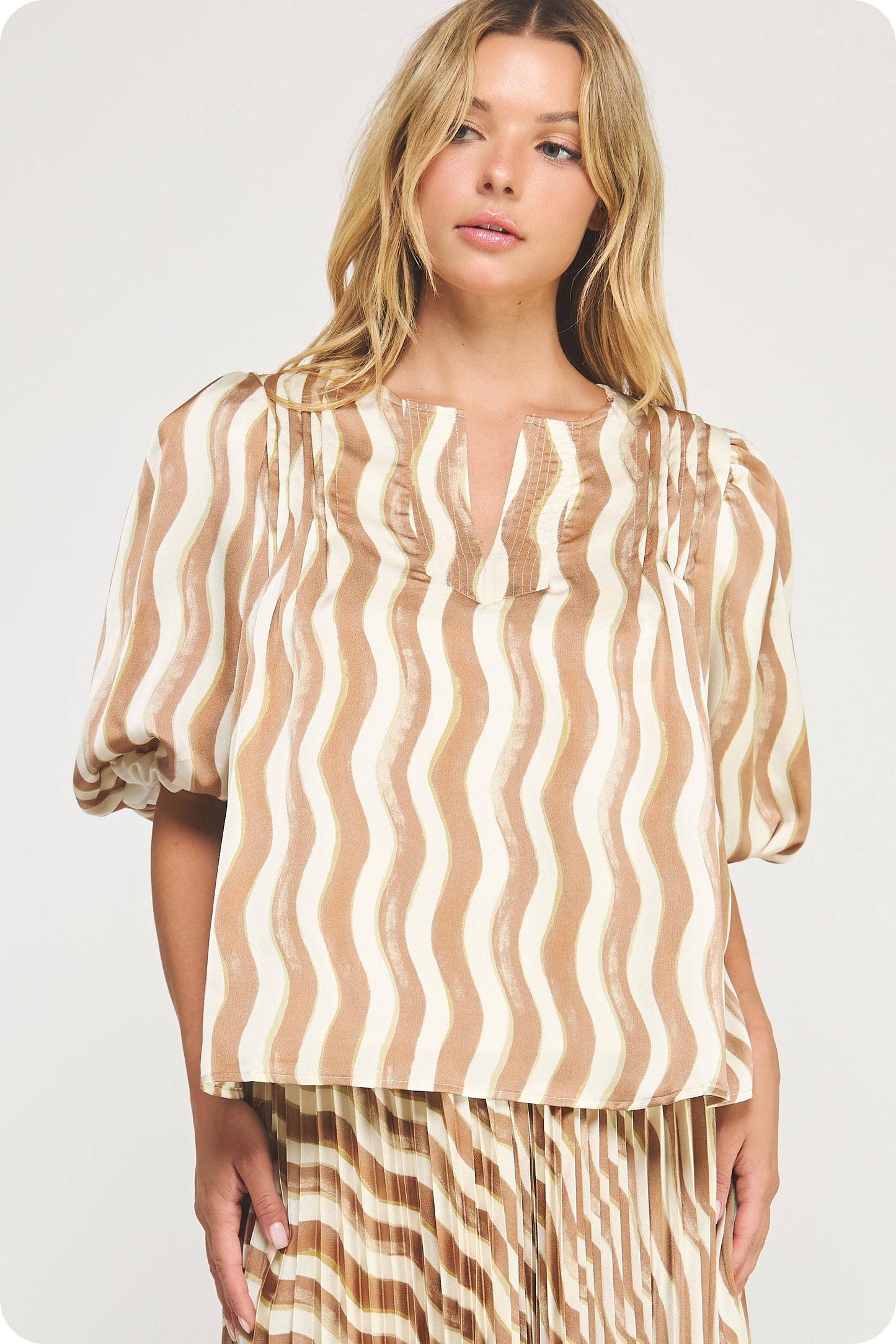 Wavy Striped Satin Puff Sleeve Top