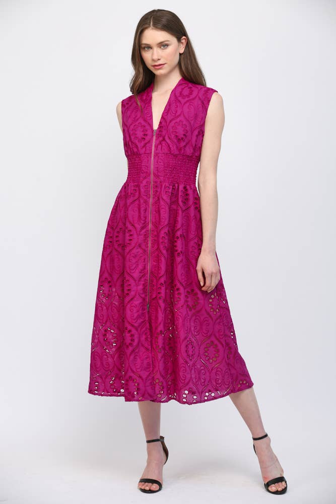 FRONT ZIP CLOSURE EMB EYELET LACE MIDI DRESS FD30661