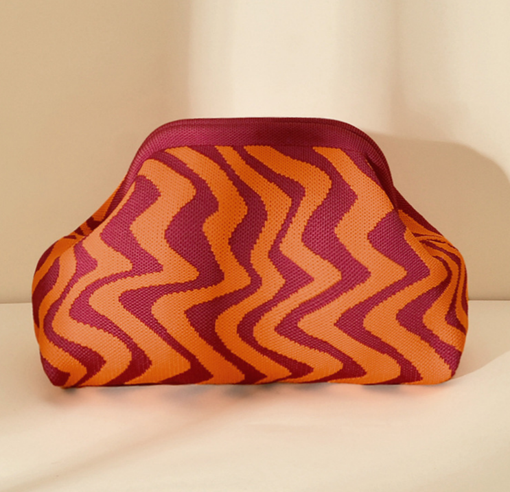 Stripe Knit Cosmetic Bag Wavy Pattern Storage Clutch