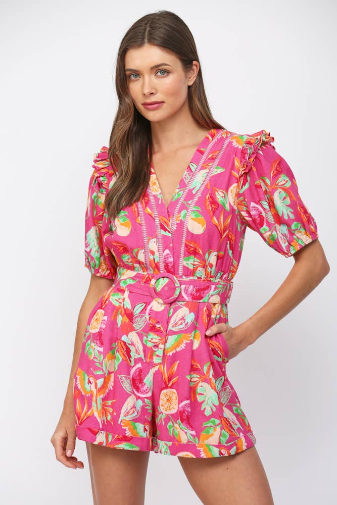 BOTANICAL PRINT LACE INSERT BELTED ROMPER FR42030