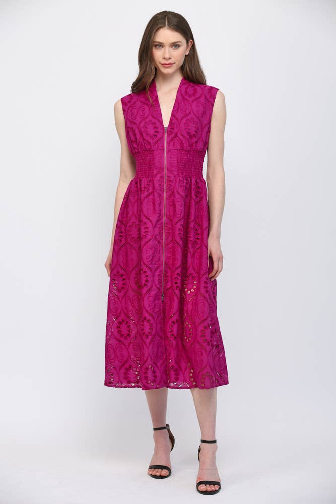 FRONT ZIP CLOSURE EMB EYELET LACE MIDI DRESS FD30661