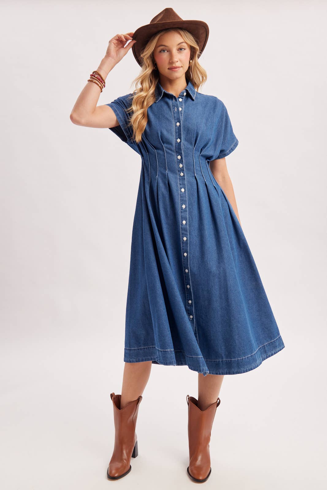 BUTTON DOWN PLEATED WAIST DENIM SHIRT DRESS