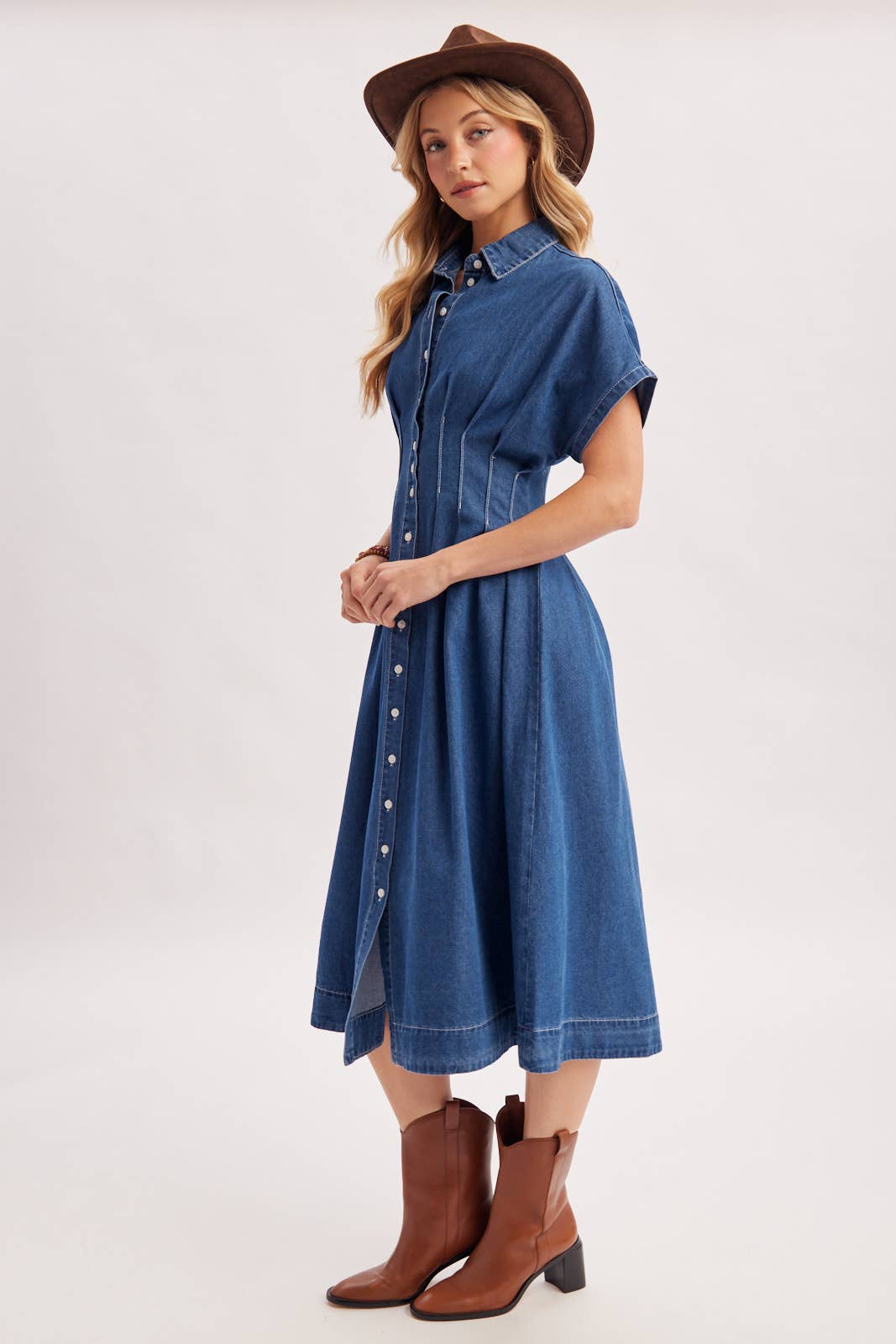 BUTTON DOWN PLEATED WAIST DENIM SHIRT DRESS