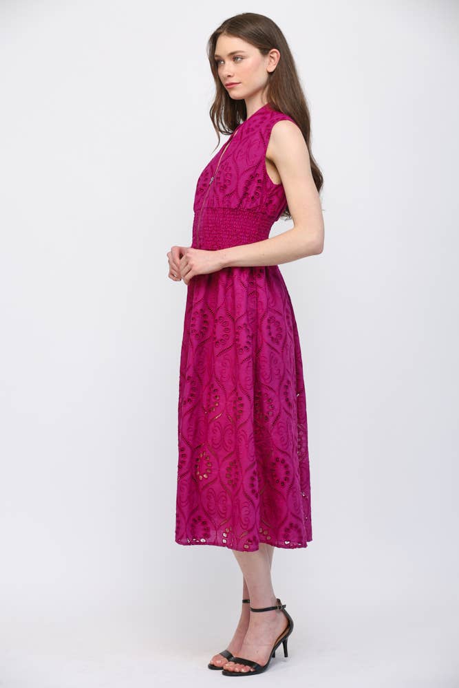 FRONT ZIP CLOSURE EMB EYELET LACE MIDI DRESS FD30661