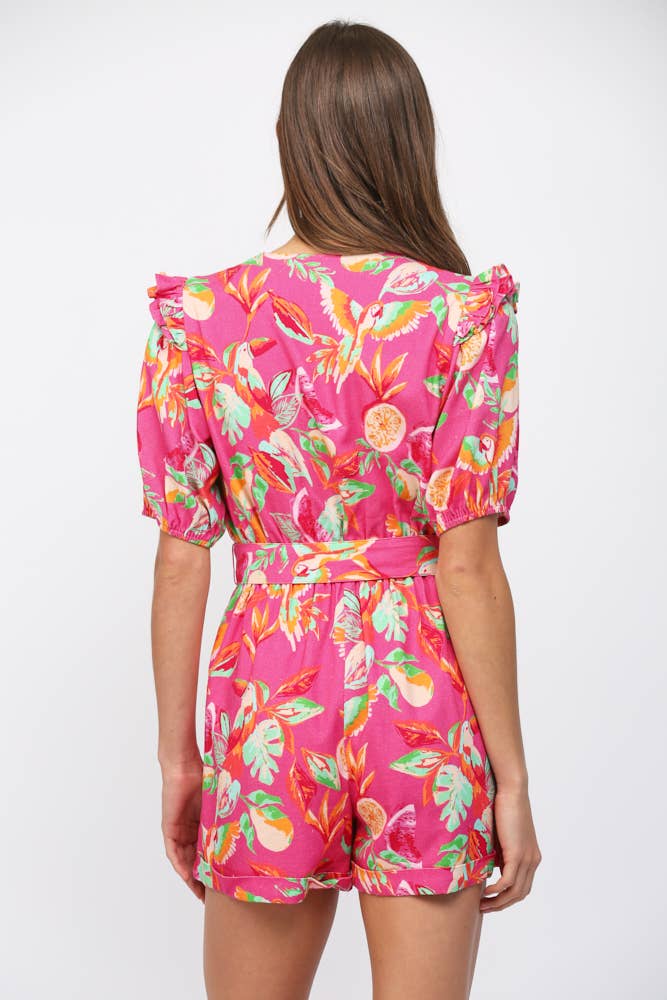 BOTANICAL PRINT LACE INSERT BELTED ROMPER FR42030