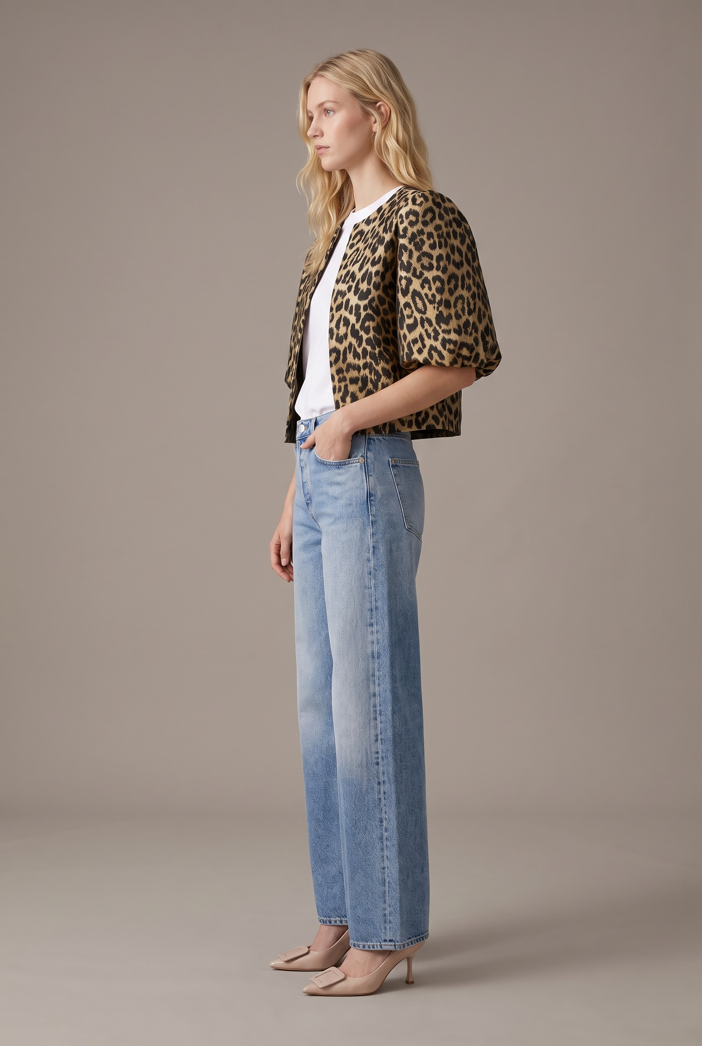 T4486 Leopard Balloon Sleeve Cropped Jacket