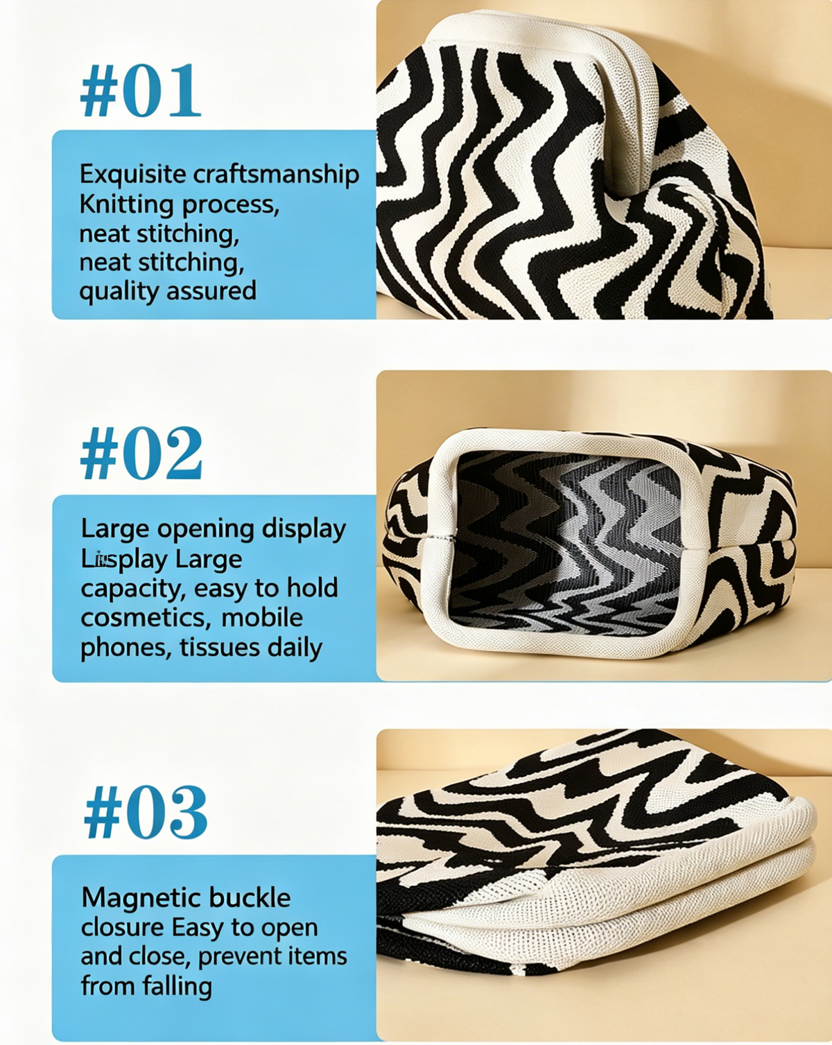 Stripe Knit Cosmetic Bag Wavy Pattern Storage Clutch